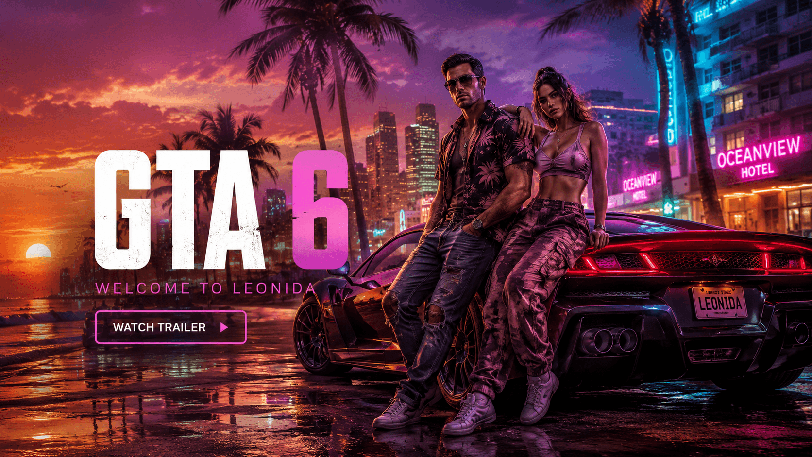 GTA 6 promotional banner with a neon city skyline, sports car, and two lead characters.