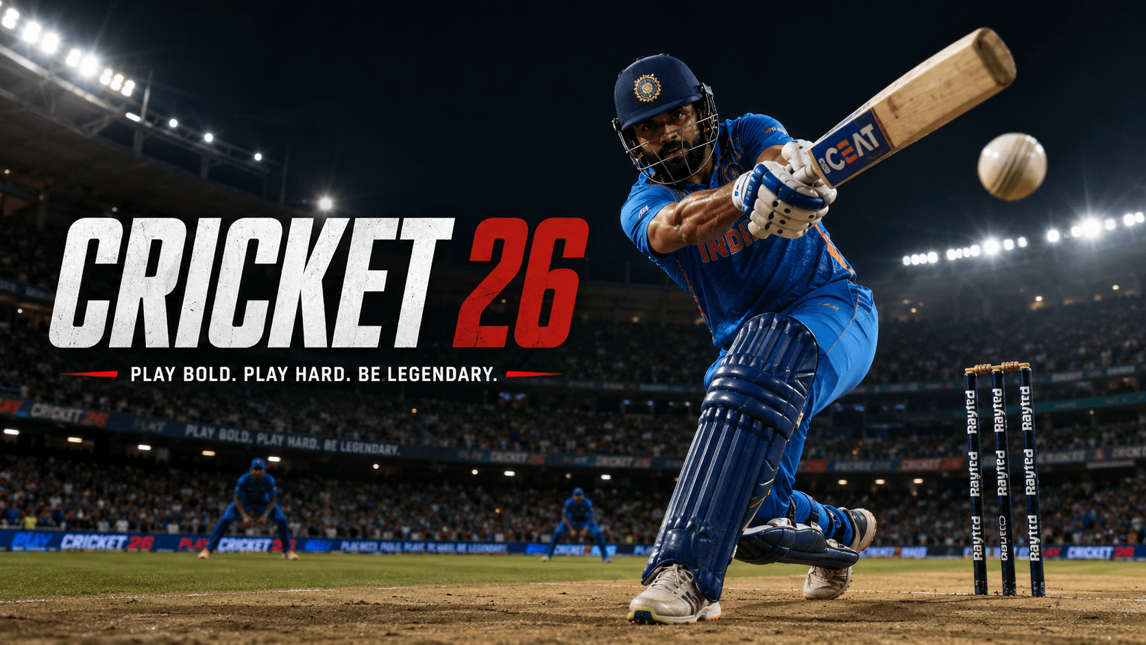 Cricket 26 promotional banner with a batsman in a lit stadium and a gold title treatment.